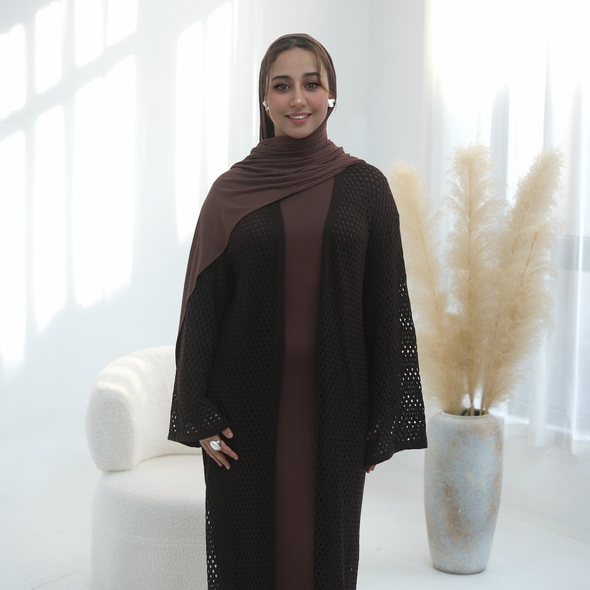 Cardigan Abaya en Maille Ajourée avec Ceinture à la Taille (MOA315)