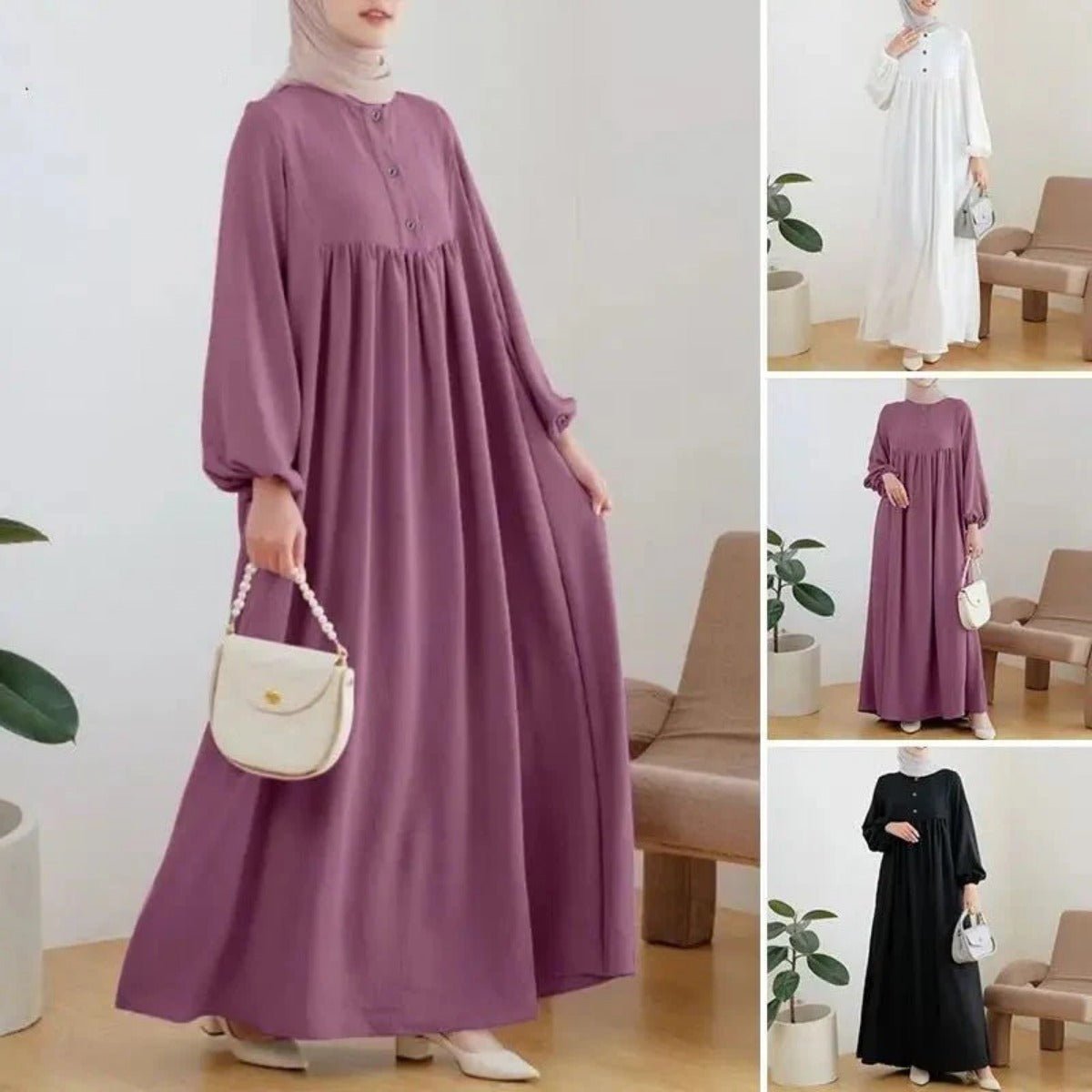 Robe Abaya Maxi Longue Unie à Manches Bouffantes et Boutons, Casual et Élégante (MA157)
