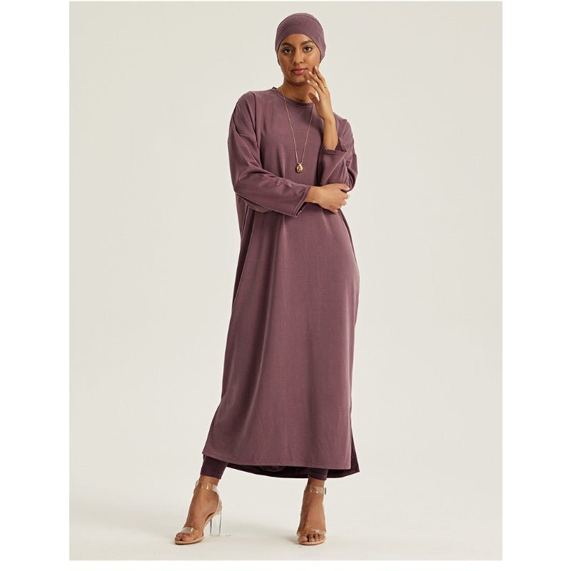 Robe Maxi à Épaules Tombantes et Col Rond - Abaya Modeste Unie avec Fentes Latérales (MA309)