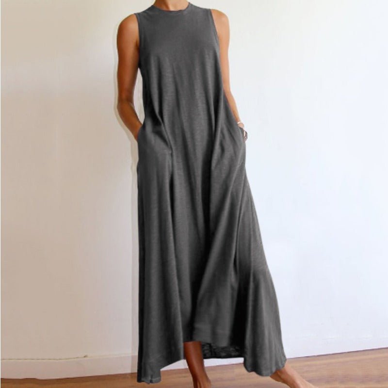 Robe Maxi en Soie sans Manches avec Poches | Robe Maxi en Soie Coupe A-Line sans Manches (MS189)