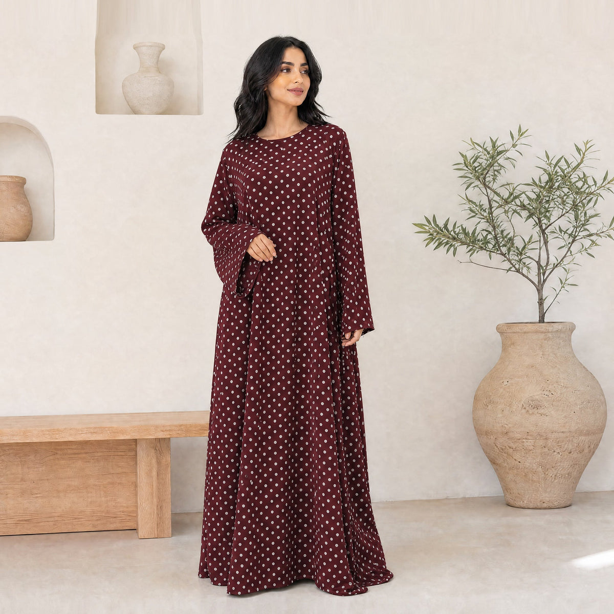 Abaya Maxi Dress Manches Évasées à Pois (MA464)