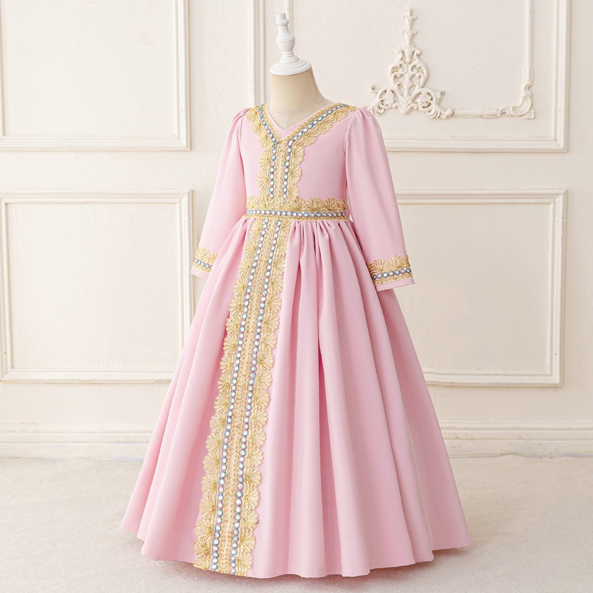 Robe Kaftan Brodée pour Filles avec Ceinture Ornée de Bijoux (MKG021)