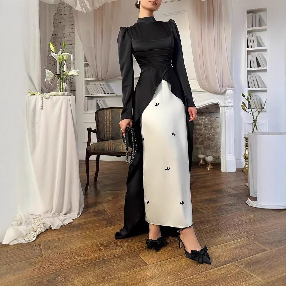 Robe de soirée en satin colorblock avec traîne (MA351)