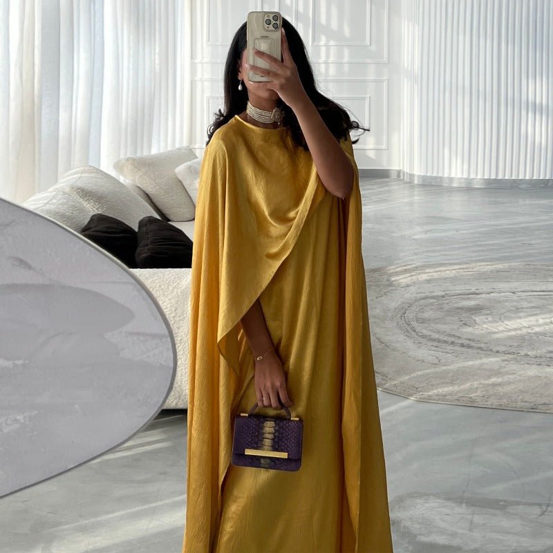 Robe Abaya en Satin Élégante Bleu Royal | Robe Maxi Pudique à Manches Cape avec Drapé Luxueux (MA289)