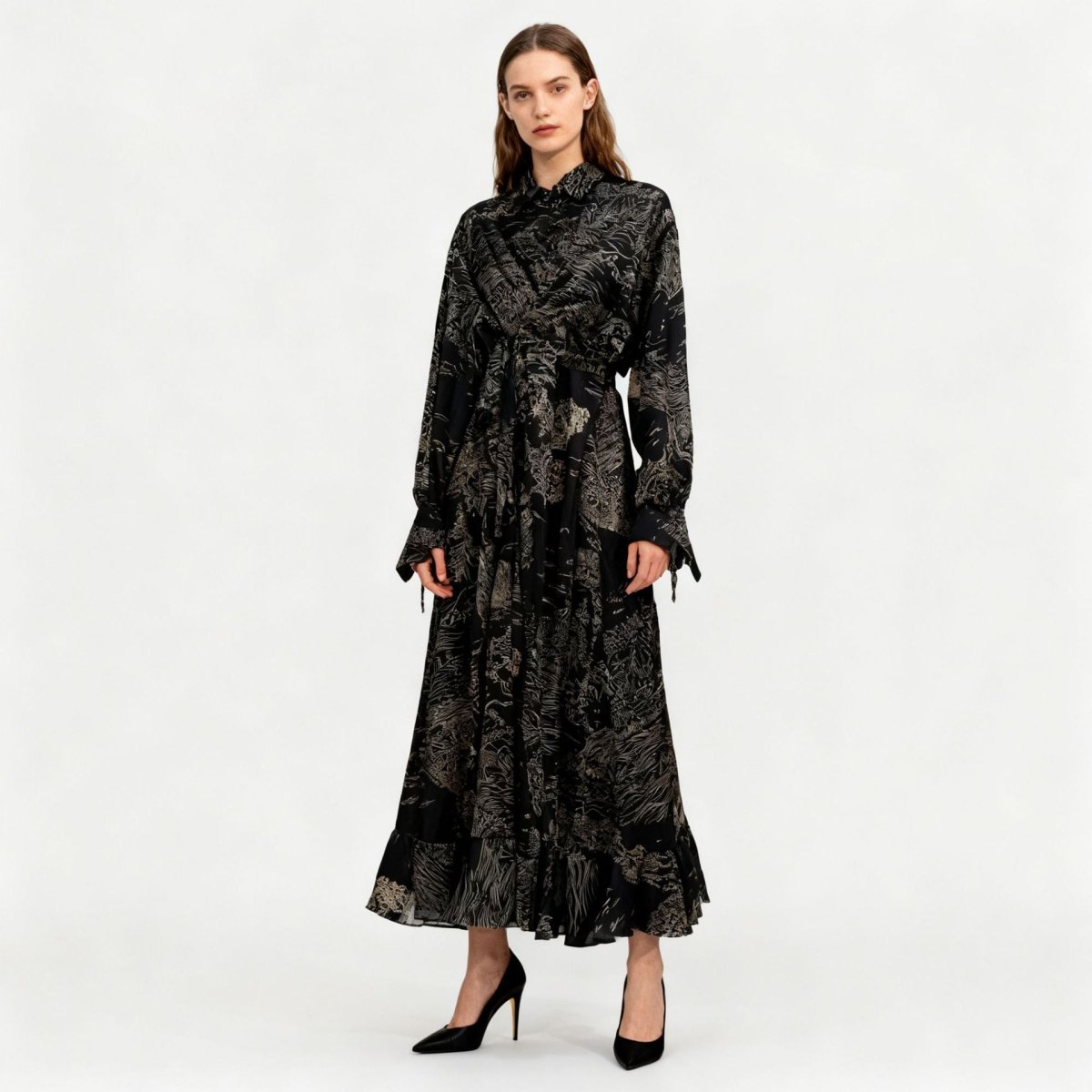 Robe Portefeuille en Jacquard Floral | Robe Maxi à Col et Manches Nouées (MS257)