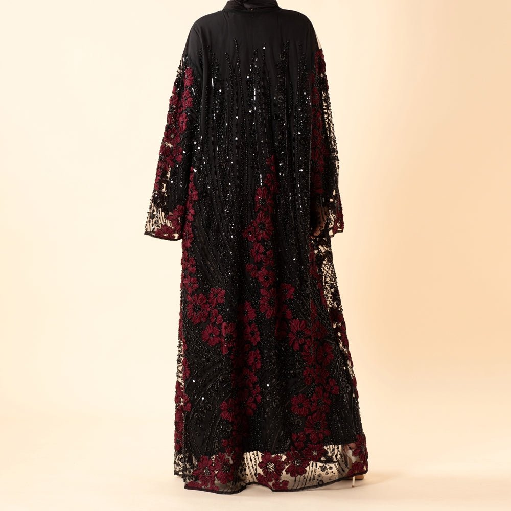 Abaya ouverte de luxe à fleurs 3D perlée paillettée brodée pour Aïd et mariage (MOA307)