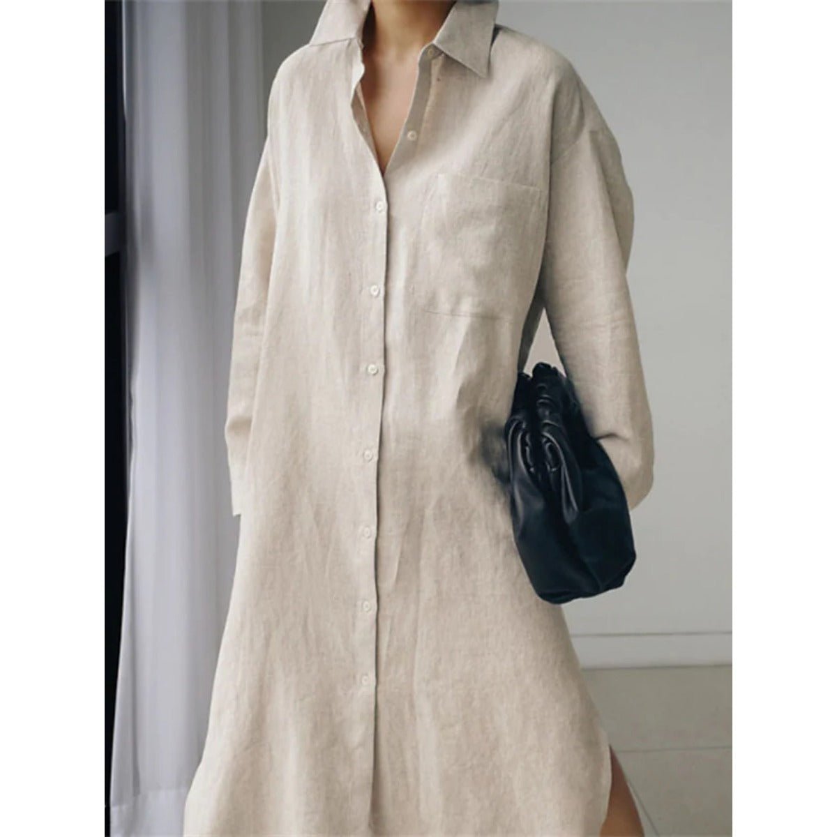 Robe-chemise décontractée et élégante en lin mélangé pour musulmanes | Maxi robe modeste boutonnée devant avec fentes latérales (MS096)