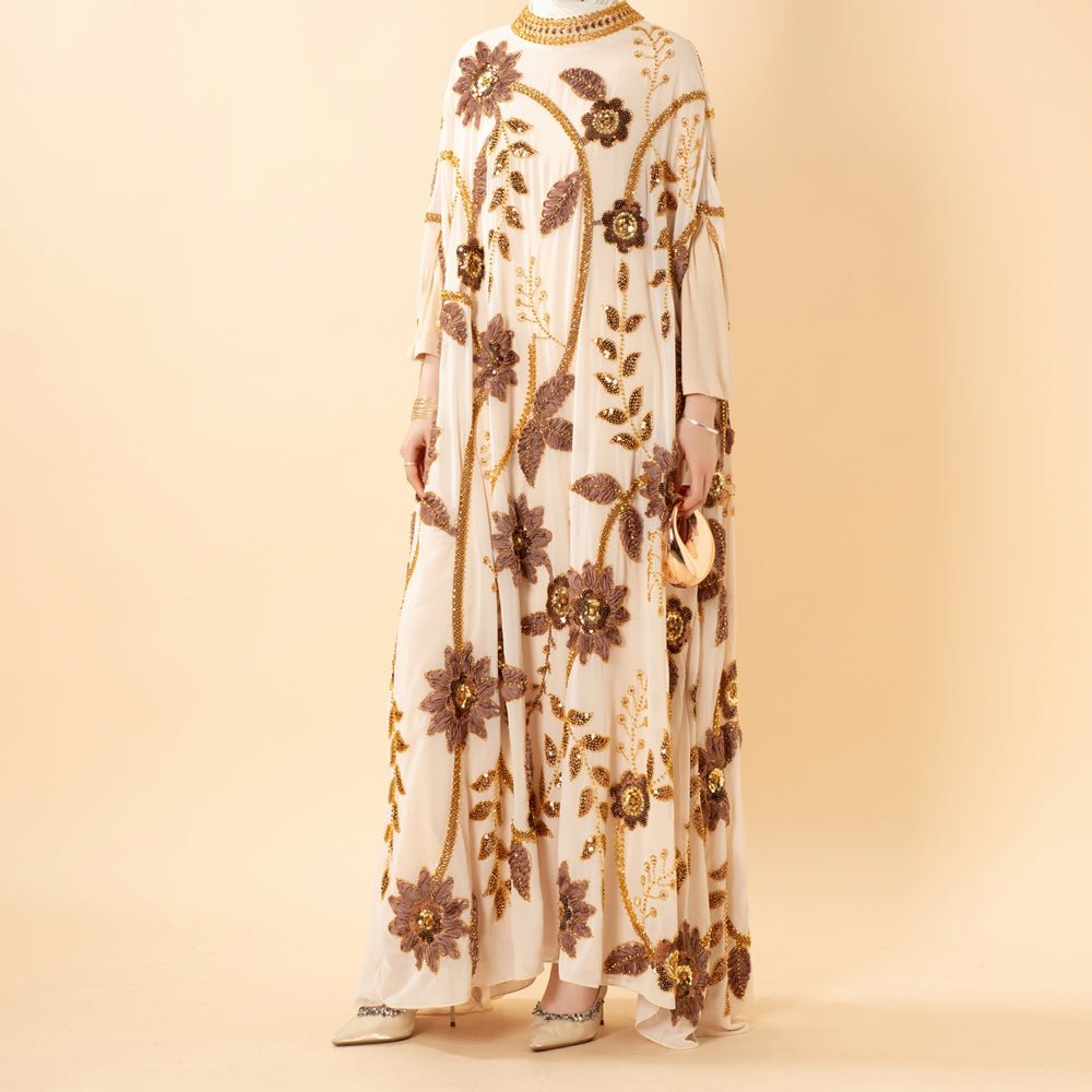 Abaya Floral aux Perles Brodées avec Manches Chauve-Souris Drapées(MA453)
