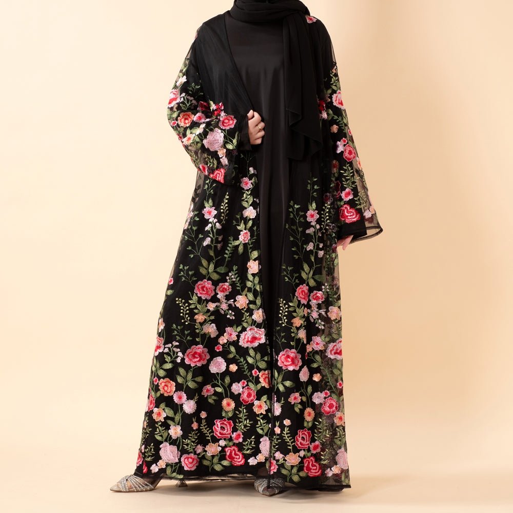 Abaya ouverte brodée Jardin de Roses effet 3D (MOA275)