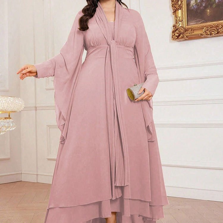 Robe Maxi Grande Taille Plissée avec Col Cravate (MS370)