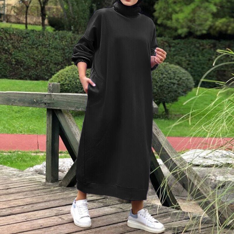 Robe Maxi Col Roulé Doublée Automne Hiver | Robe Sweat Décontractée avec Poignets Élastiqués (MS138)