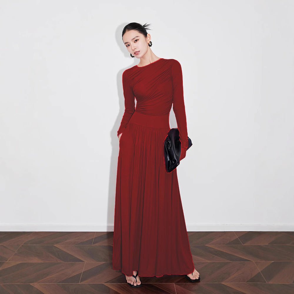 Robe en Maille Asymétrique Froncée avec Jupe Plissée (MS343)