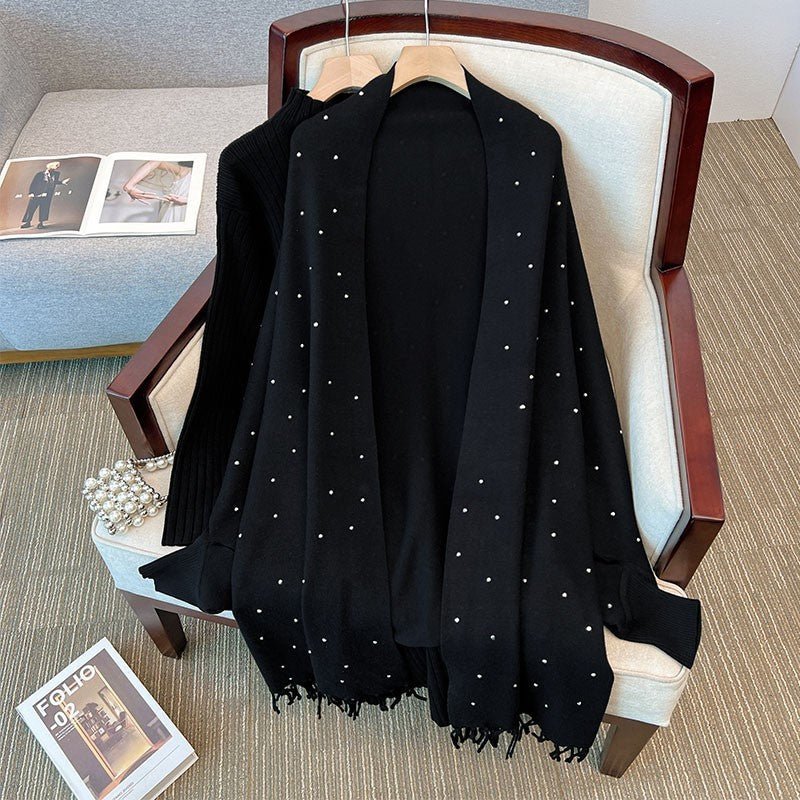 Cardigan Cape Orné de Diamants | Pull Châle en Maille avec Bordure à Franges (MS211)