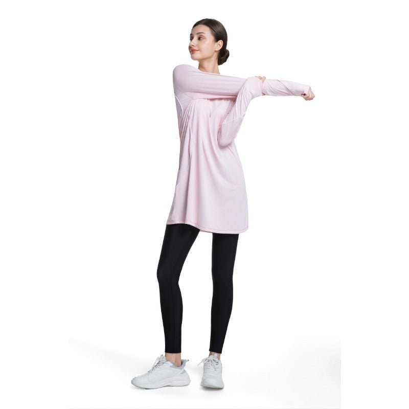 Haut de sport modeste à manches longues pour femme, séchage rapide | Tunique athlétique en polyester pour yoga, lignes épurées (MS114)