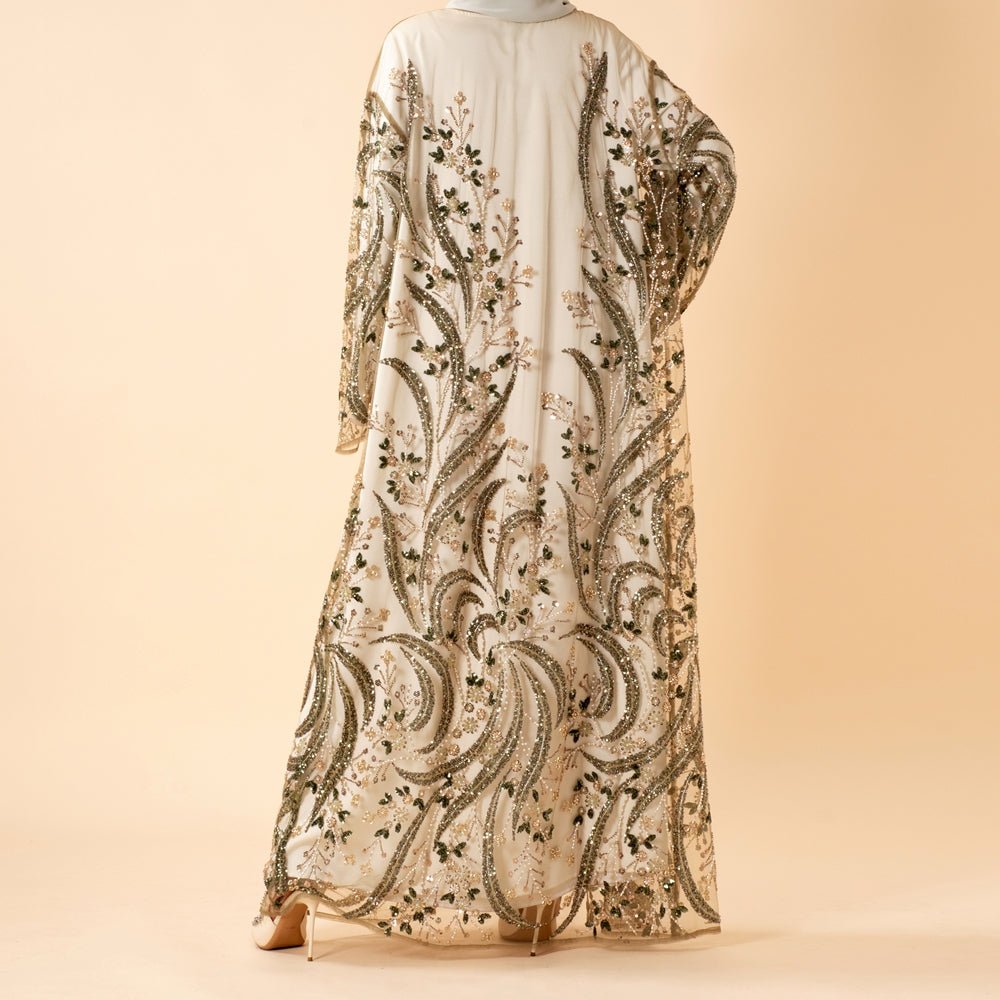 Abaya Ouverte de Luxe Ornée de Perles et de Paillettes Brodées pour Eid & Mariage (MOA305)