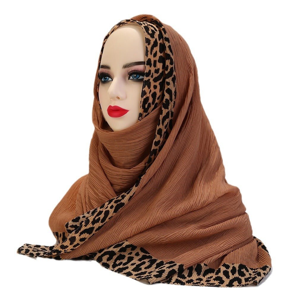 Foulard Hijab Crinkle Uni Orné d'un Motif Léopard (MH181)