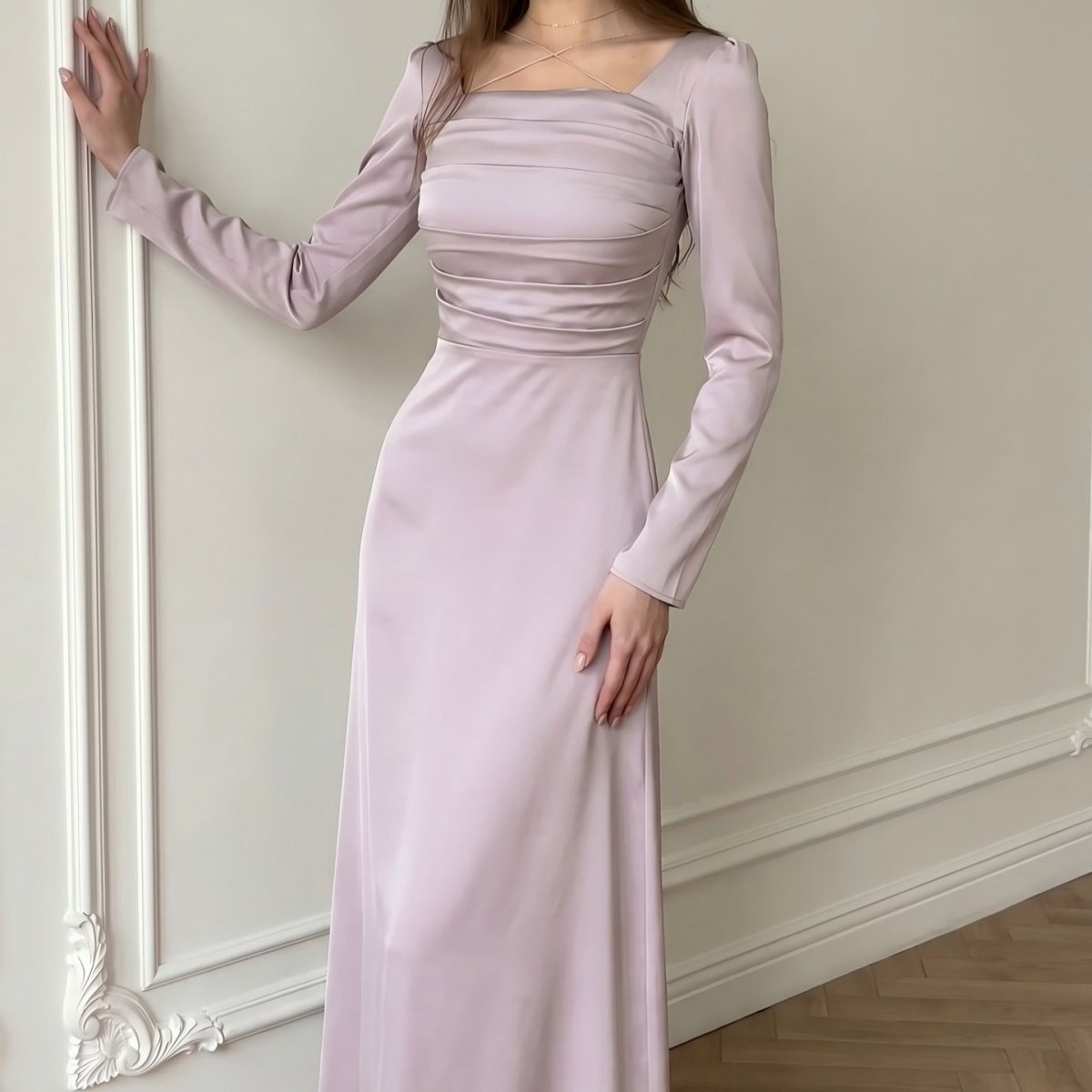 Robe Longue en Satin à Corsage Froncé (MS446)