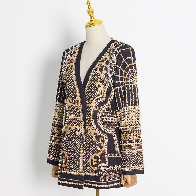 Blazer Vintage Orné de Perles et Perles de Rocaille | Veste de Luxe à Imprimé Géométrique (MS218)