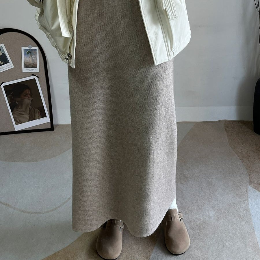 Jupe midi polaire hiver | Jupe en maille chaude taille haute avec fente latérale (MS207)