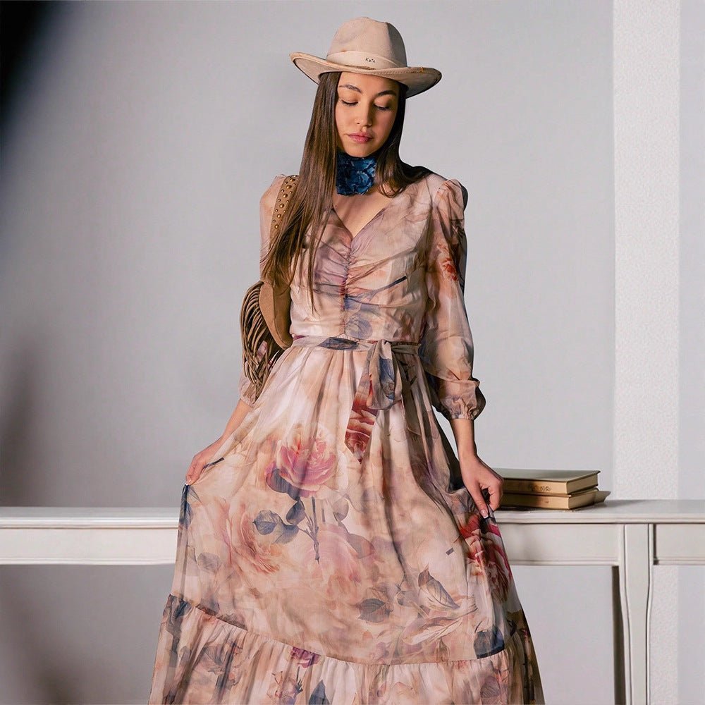 Robe Longue Col en V Motif Floral Aquarelle (MS372)