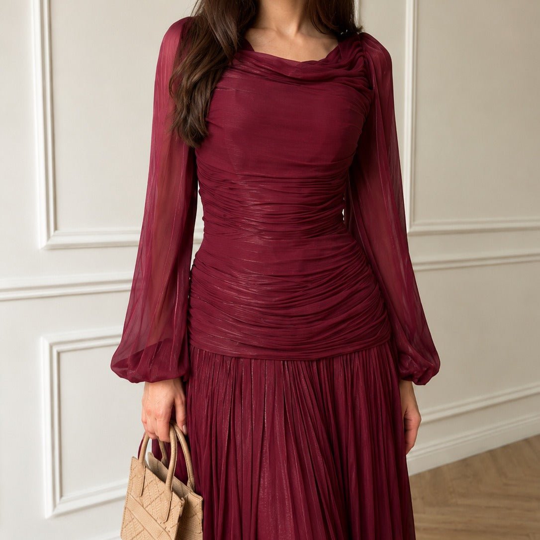 Robe Maxi Plissée Encolure Drapée Taille Froncée Manches Lanternes (MS534)