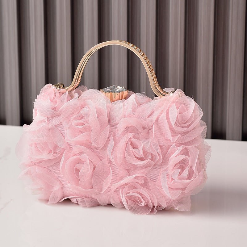 Pochette de soirée fleur rose | Sac de mariage avec poignée métallique (MAC357)