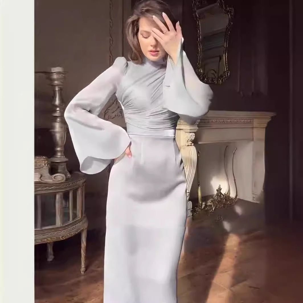 Robe Abaya élégante à demi-col roulé, manches évasées et plis à la française (MA198)