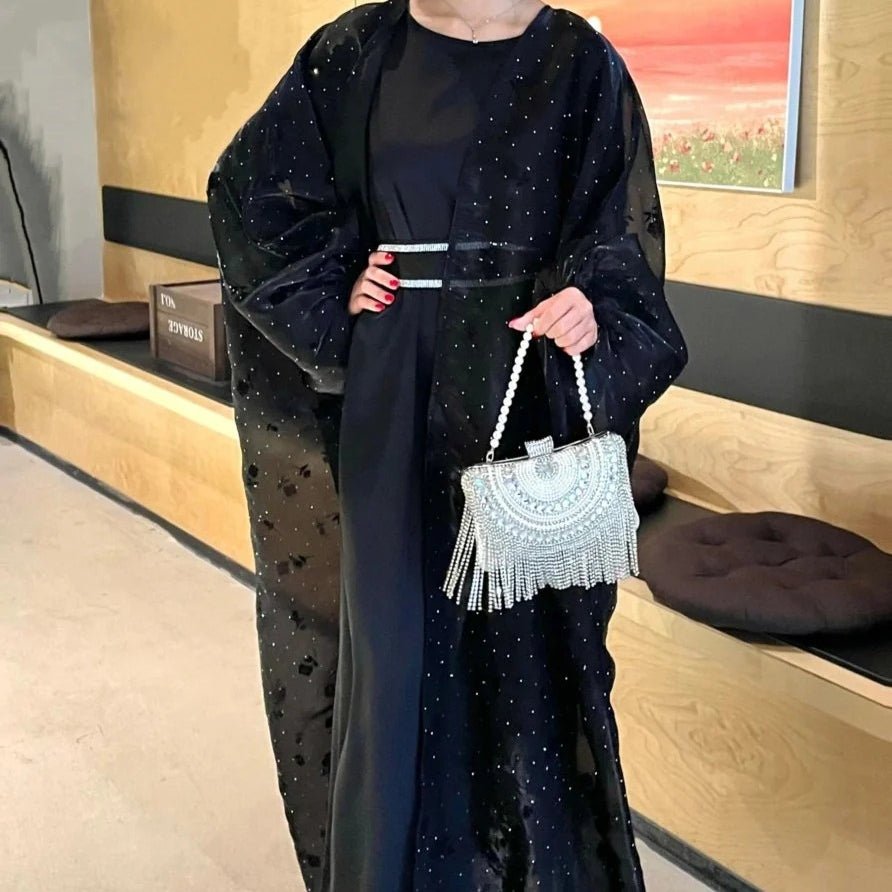 Abaya ouverte Organza Rose brodée de fleurs et papillons (MOA115)
