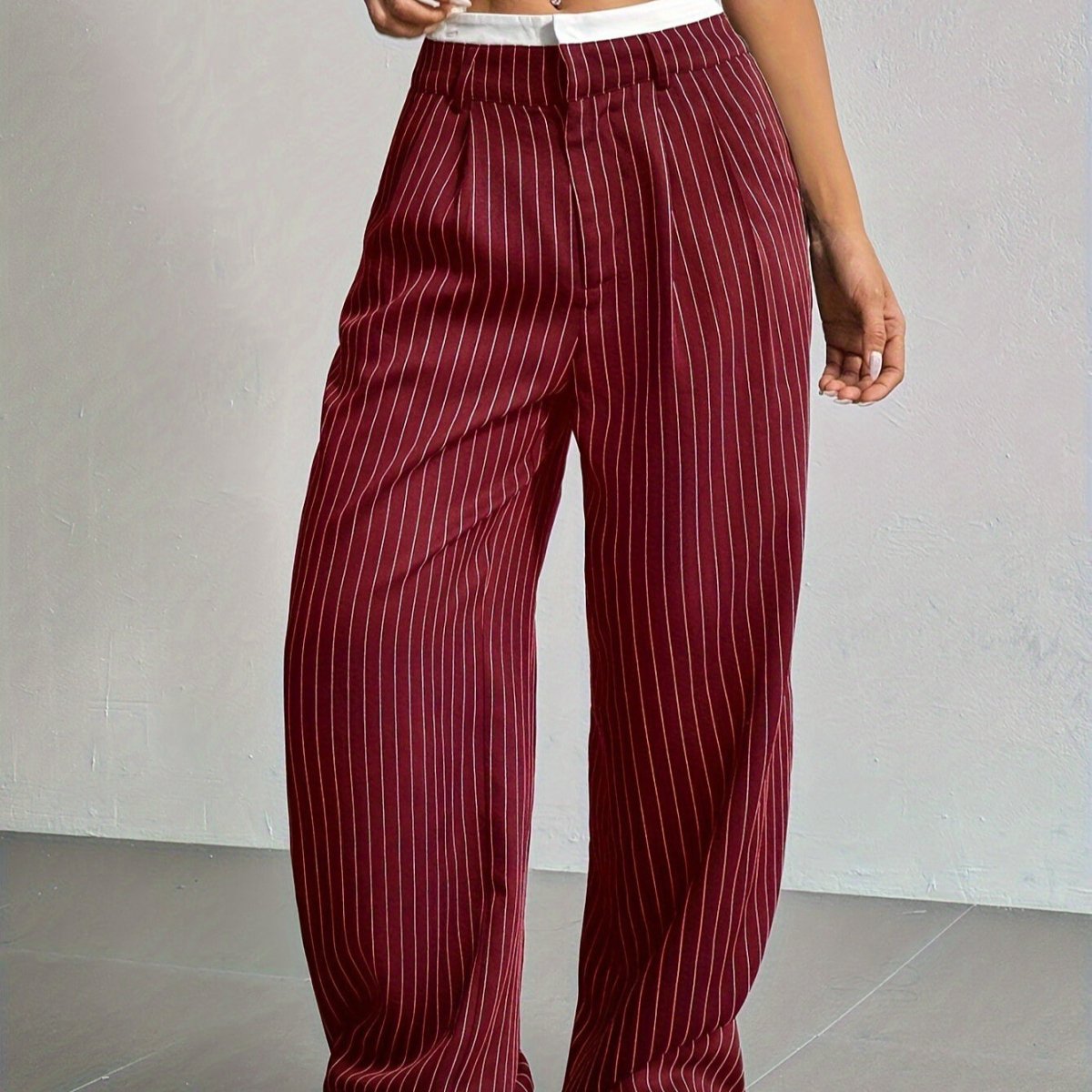 Pantalon large à rayures fines | Pantalon taille haute avec ceinture contrastante (MS244)