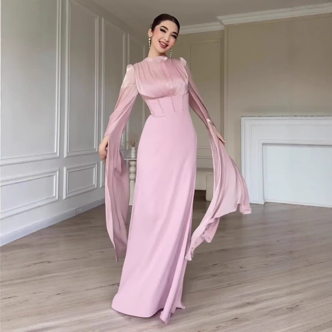 Robe en satin avec dos corset et manches cape (MS344)
