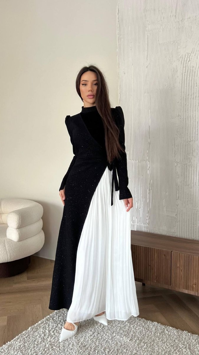 Robe Abaya élégante à col montant et manches longues, en noir et blanc, plissée avec empiècements et épaules bouffantes (MA195)
