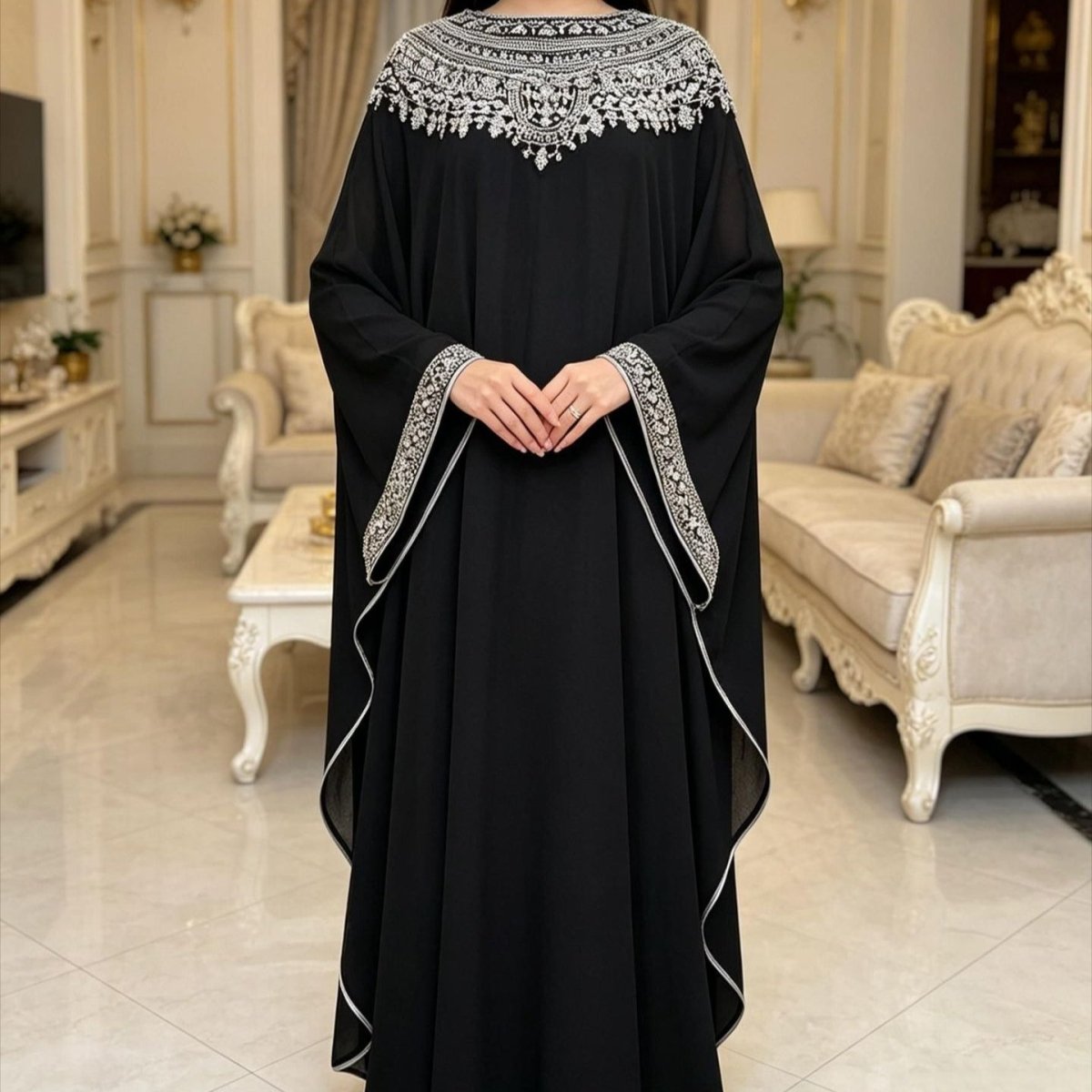 Robe Abaya Noire à Manches Chauve-souris (MA439)