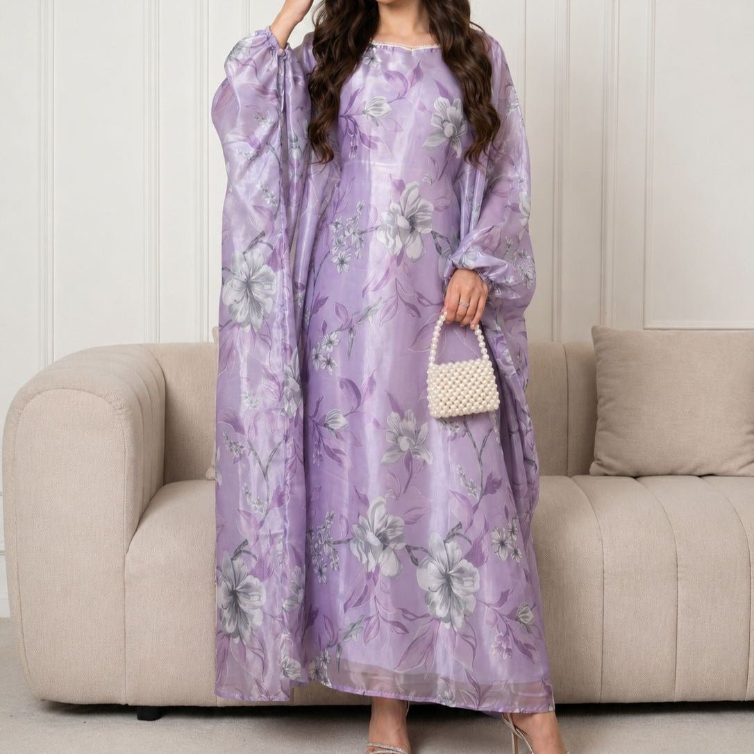 Robe Maxi Effet Organza Imprimé Floral avec Encolure Carrée Perlée (MA457)