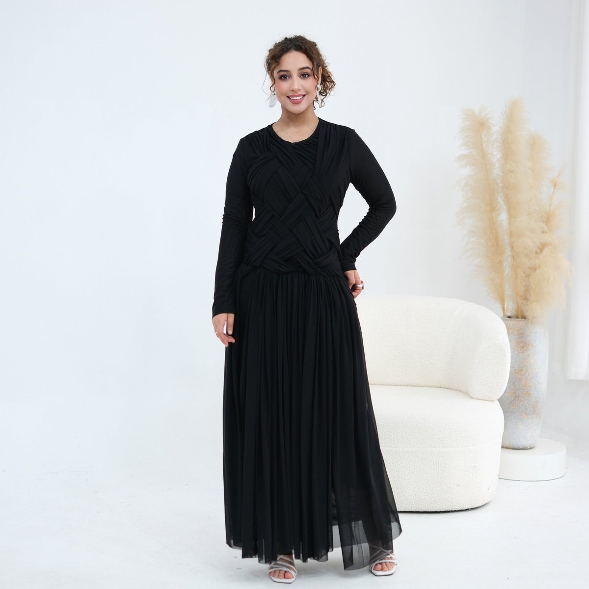 Robe longue en tulle avec bustier tressé à brides croisées (MS454)