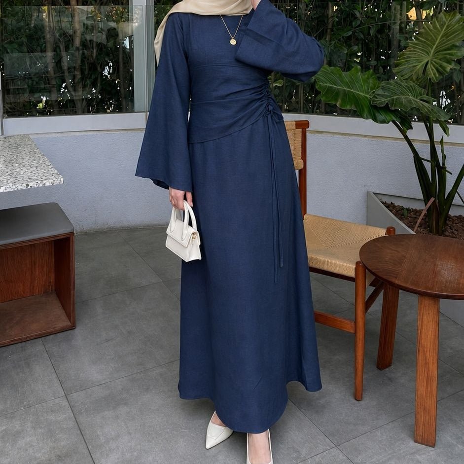 Robe Maxi à Taille Coulissante Froncée et Manches Évasées(MS492)