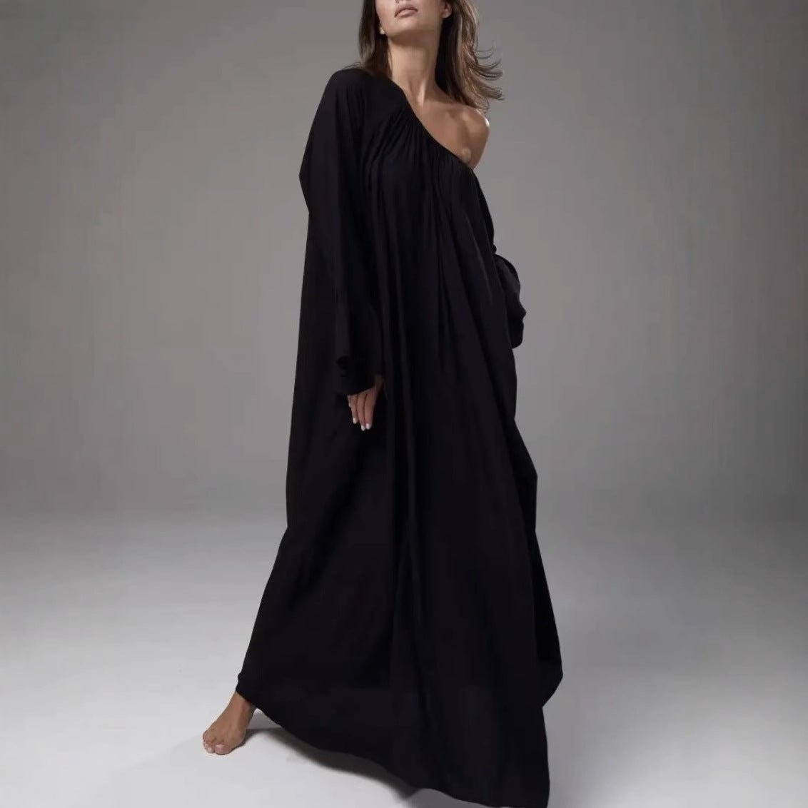 Robe Maxi Loungewear Française avec Manchettes à Volants (MA397)