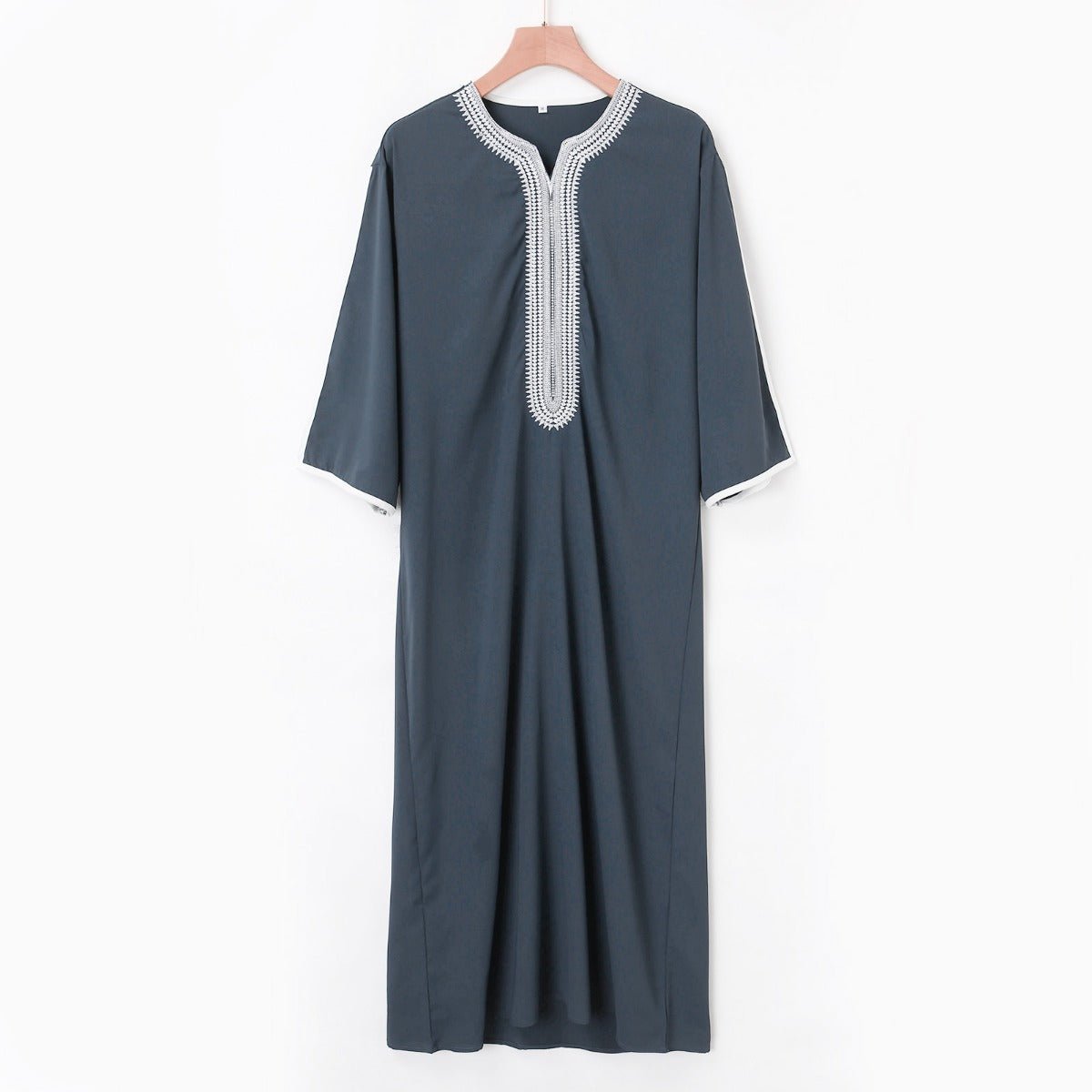 Robe Musulmane Thobe à Col en V avec Broderie et Coutures Géométriques, Manches Courtes Mi-longues (MT030)