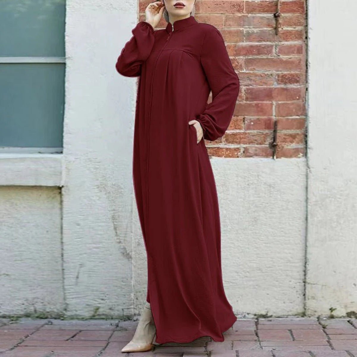 Cardigan long à col montant et fermeture éclair, avec poches | Abaya robe longue maxi modeste (MA155)