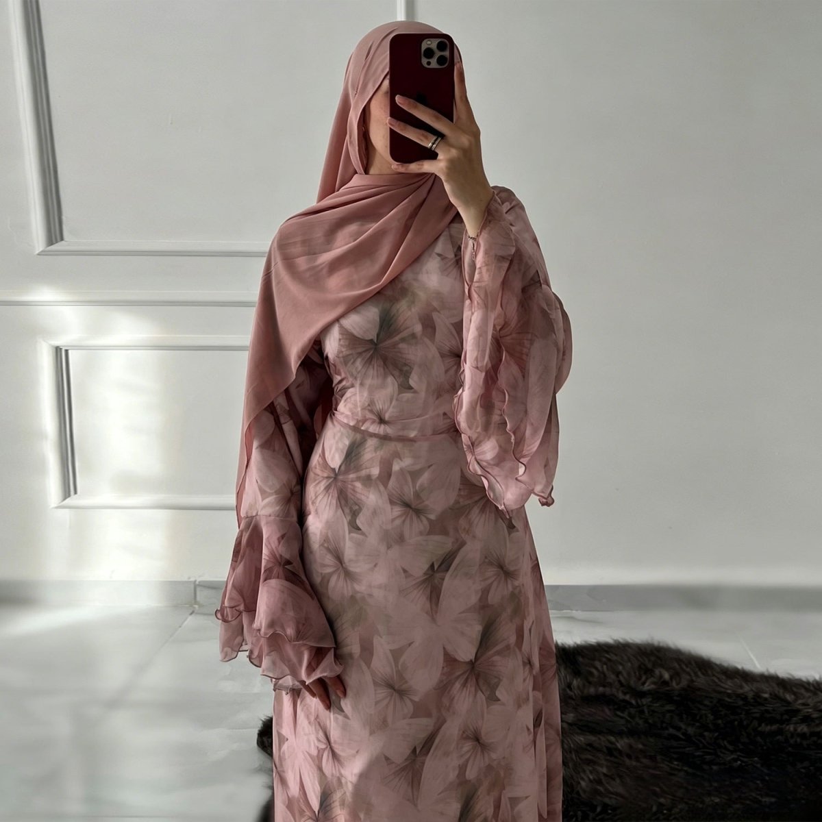 Robe maxi imprimée aquarelle à double couche et manches évasées (MS479)