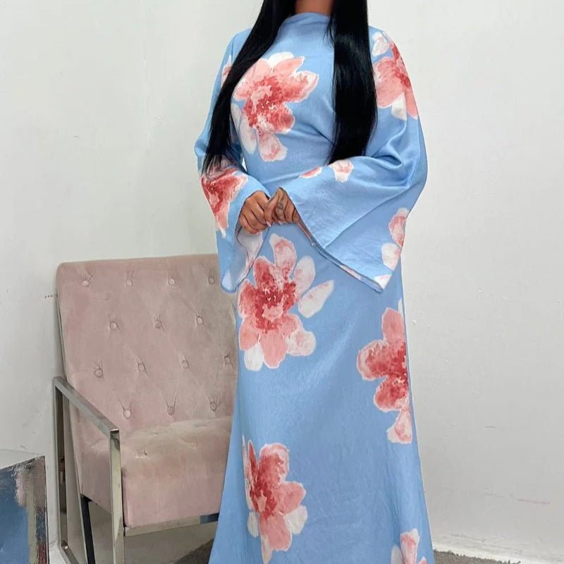 Robe Abaya Maxi à Manches Cloche Imprimé Floral (MA214)