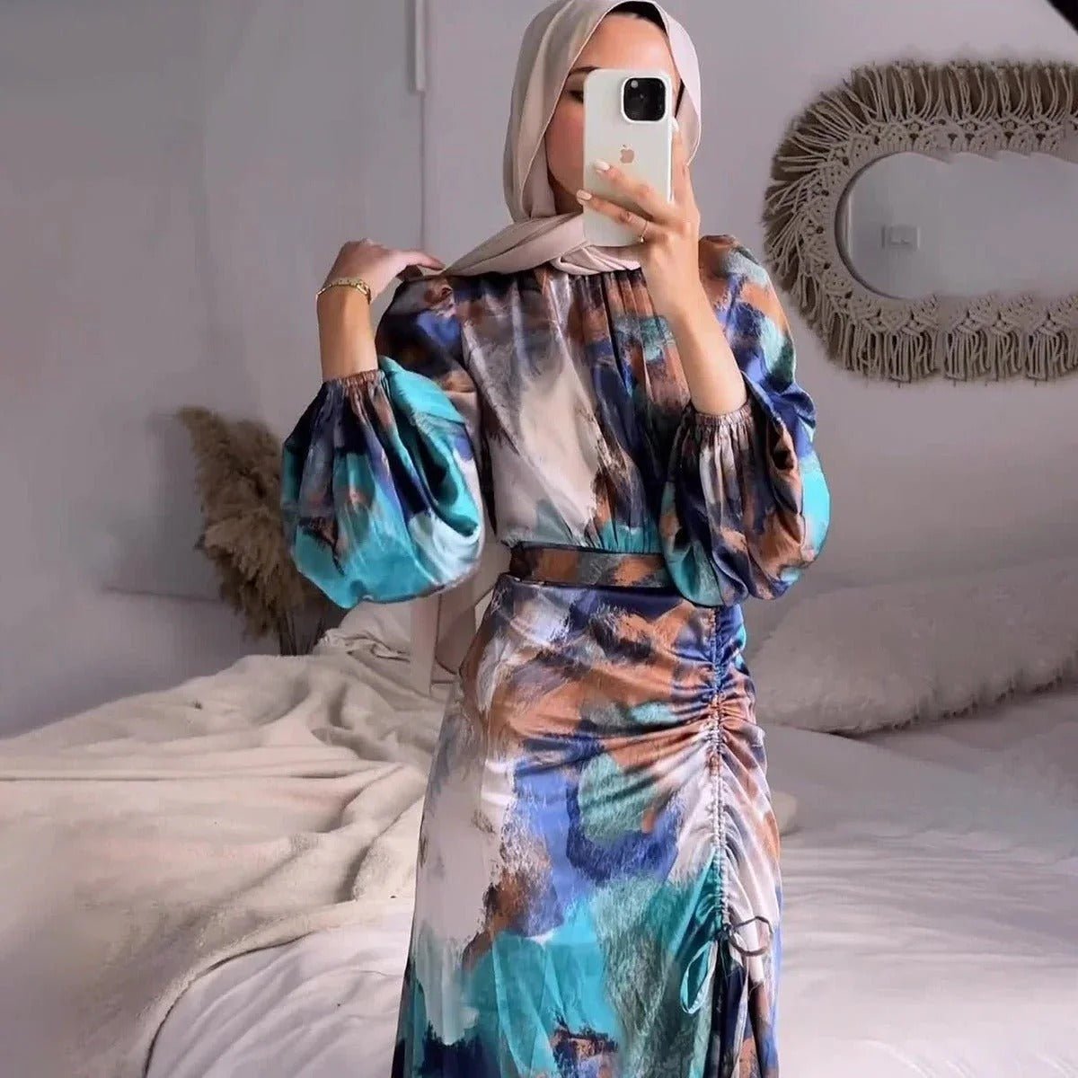 Abaya à Manches Cloche Plissées à Imprimé Exotique (MA166)