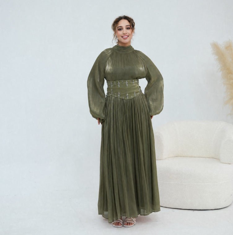 Robe maxi à manches bouffantes et large ceinture ornée de cristaux (MS477)