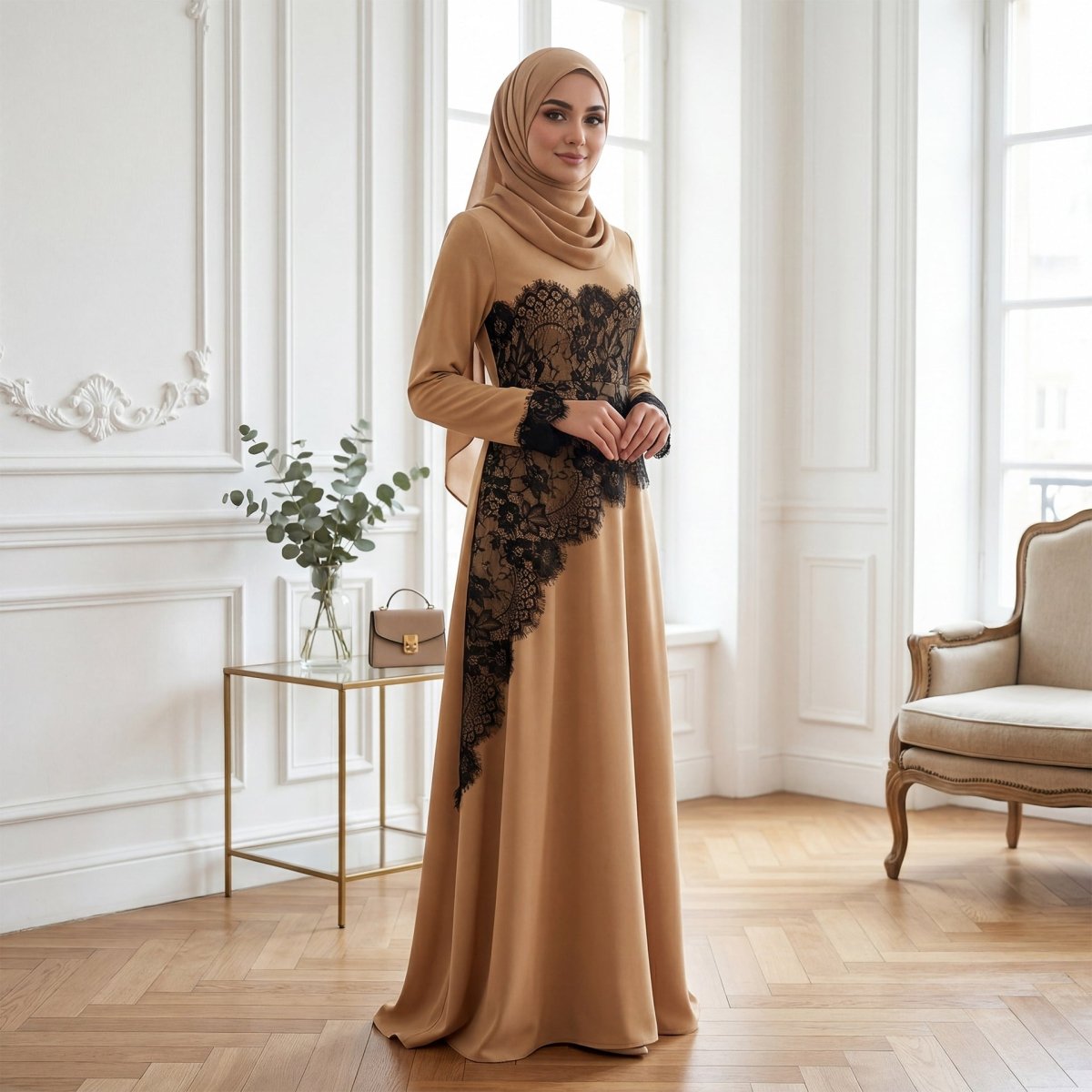 Robe Maxi avec Empiècement en Dentelle Contrastée à la Taille (MS409)