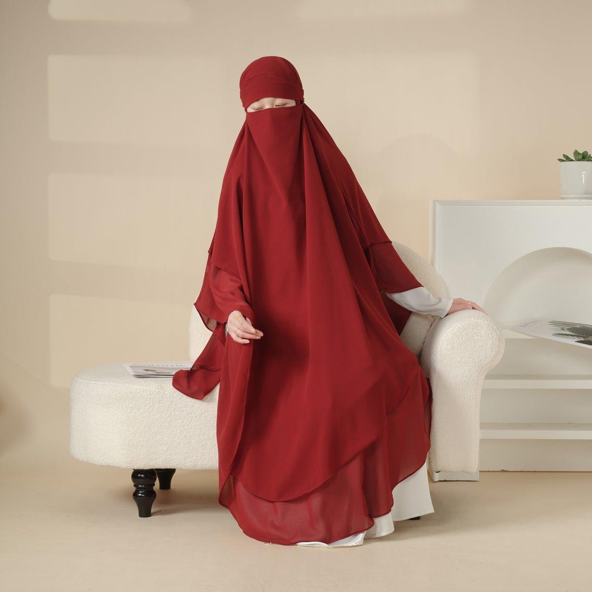 MK018 Khimar Long en Mousseline à Double Couches, Devant et Dos