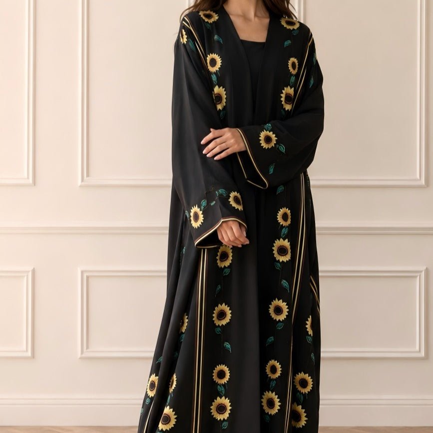 Abaya ouverte imprimé tournesol avec liseré doré (MOA338)