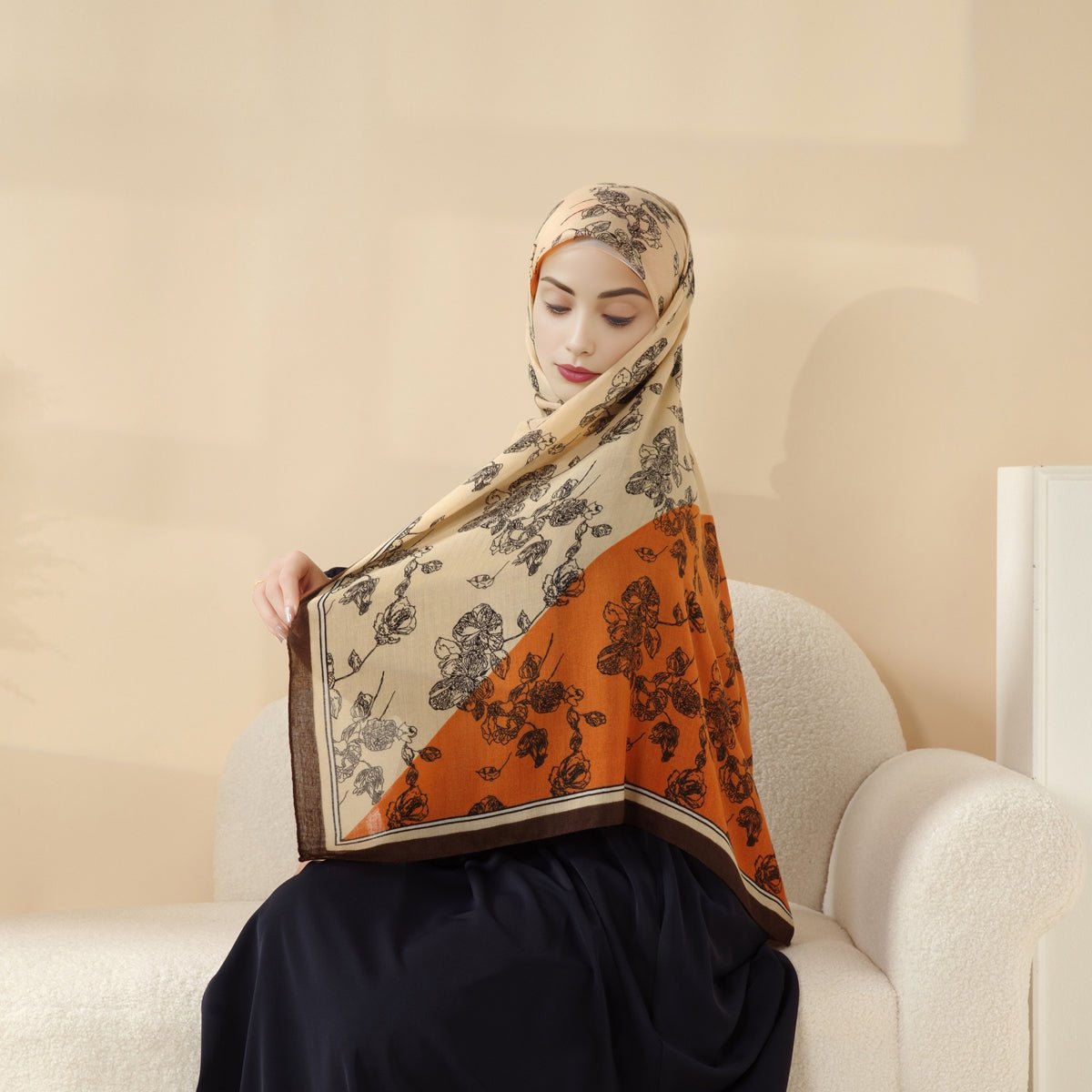 MH095 Châle en coton et lin mélangés à motifs floraux naturels et géométriques color-block imprimés