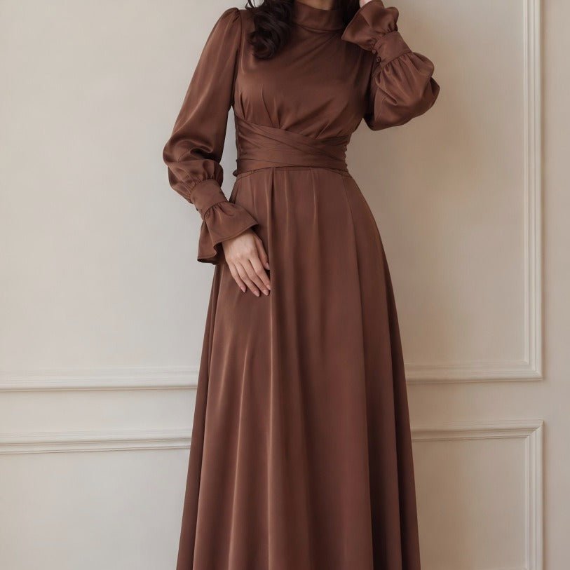 Robe Maxi à Taille Croisée en Satin (MS506)