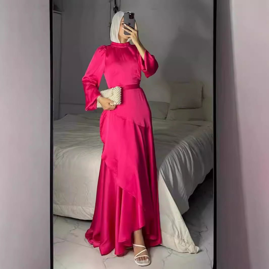 Robe Maxi en Satin Luxe à Ourlet Volanté | Abaya à Manches Élastiquées avec Ceinture (MS187)
