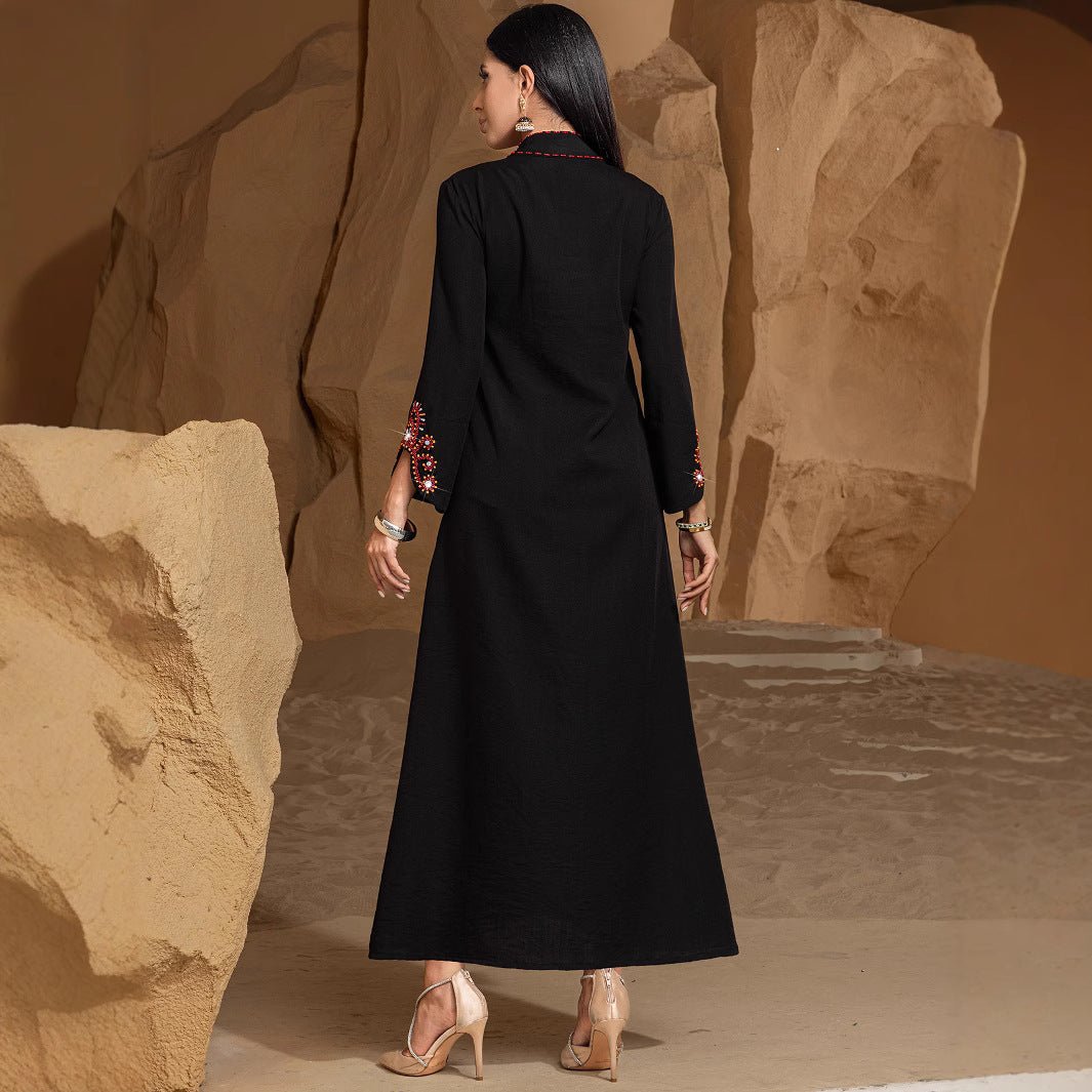 Abaya de fête et de mariage Luxury V-Neck noire et dorée, brodée de perles de riz (MA187)