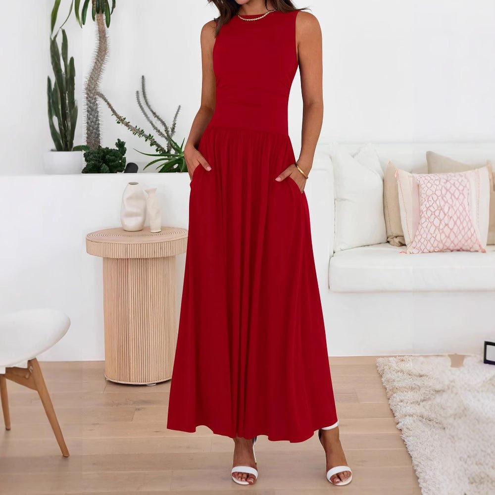 Robe Maxi Sans Manches à Taille Froncée avec Poches (MA395)